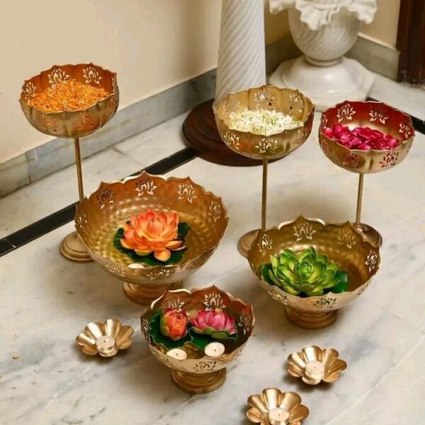 Elegant 9-Piece Lotus Urli Bowls Set with Stands and Votives