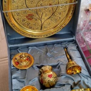 Premium Golden Brass Puja Set with Intricate Floral Design – 10 Inch
