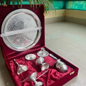 Premium Silver-Plated Brass Puja Set with Elegant Packaging – 10 Inch