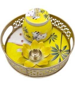 Taditional Pichwai Metal Tray with Steel Jar and Lotus Brass Diya